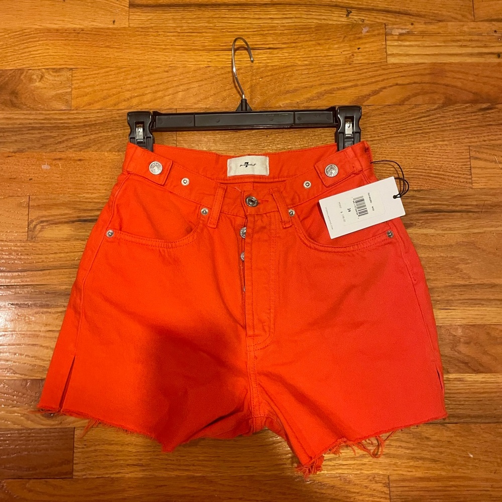 NWT sz 24 $158 7 for all mankind koi orange denim shorts high waist cut offs - Picture 7 of 8